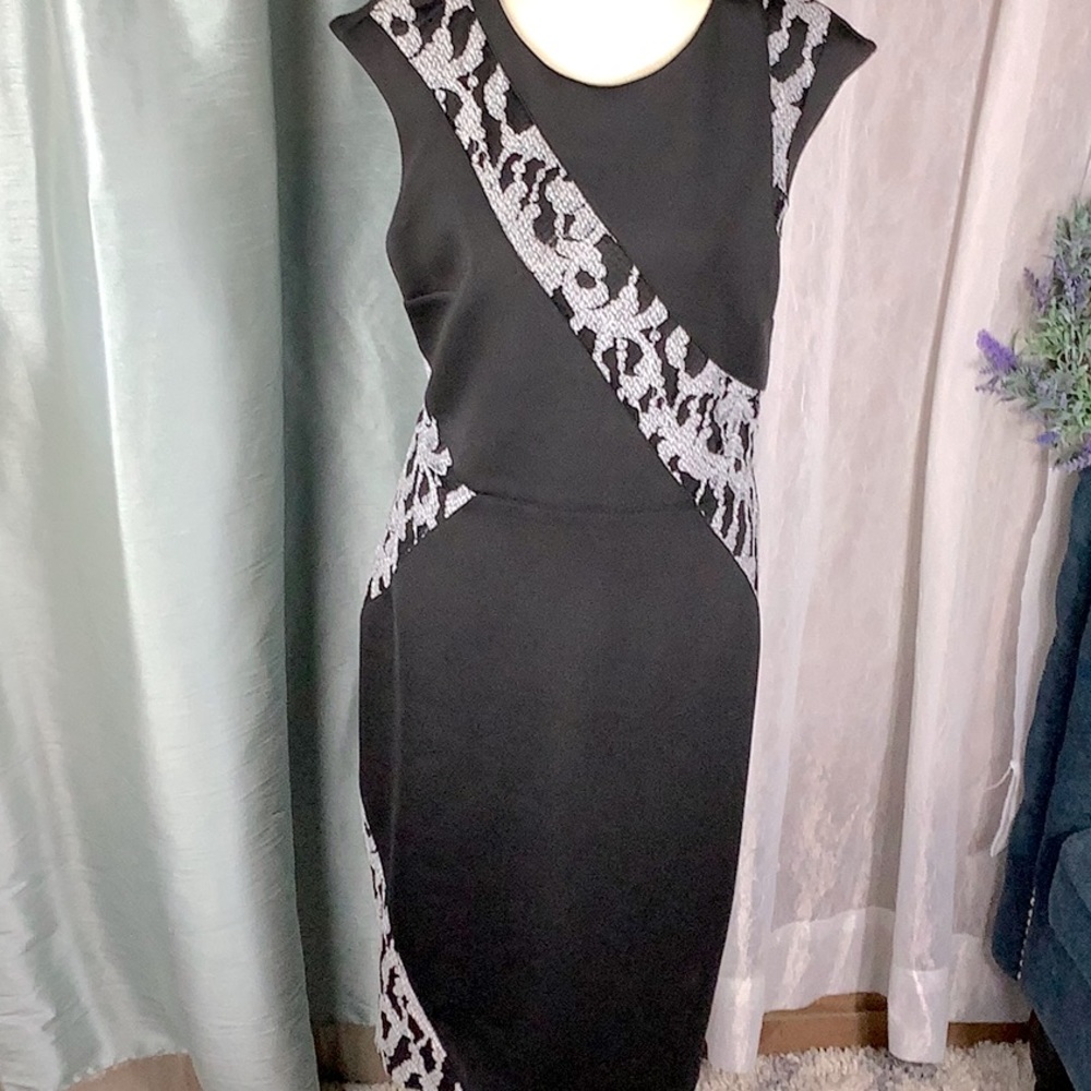 Rachel by Rachel Roy black Scuba dress with lace panels. Size 14. Midi